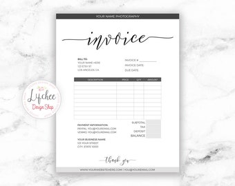 Printable Invoice Template 8.5x11 | Editable Minimalist Script Photography Business Invoice Photoshop template PSD | INSTANT DOWNLOAD