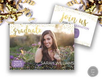 Senior Graduation Gold Dots Announcement 7x5 card | High School College New Grad Photography Photoshop Template PSD | INSTANT DOWNLOAD