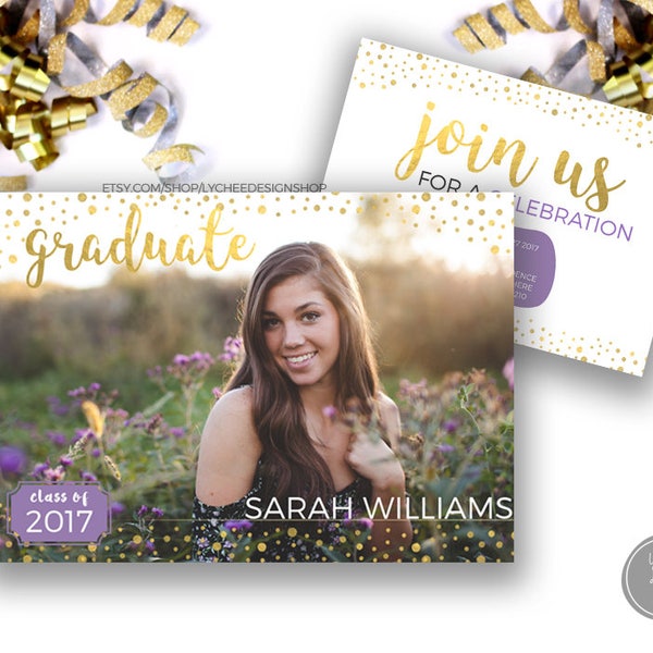 Senior Graduation Gold Dots Announcement 7x5 card | High School College New Grad Photography Photoshop Template PSD | INSTANT DOWNLOAD