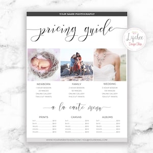 Fonte de script de modelo de guia de preços de fotografia 8.5x11 | Folha de preços de fotografia para impressão Modelo Photoshop PSD | DOWNLOAD INSTANTÂNEO