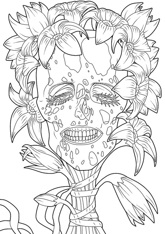Coloring Page Dead Digital Skull Flowers Black and White - Etsy