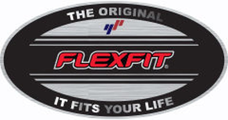 May include: Black and silver oval logo with the text "The Original" above a red "FlexFit" logo and the text "It Fits Your Life" below. The logo also features a small American flag.