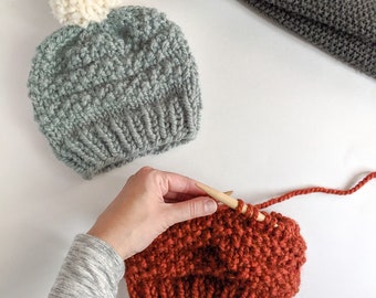 Classic Knit Beanie Pattern: Beginner Seed Stitch Hat (PDF Pattern)