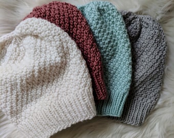 Double Moss Stitch Hat Knitting Pattern: Easy Knit Beanie (PDF Pattern)