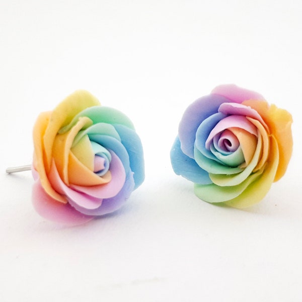 Rainbow rose earrings, pastel colorful earrings, rainbow flowers rainbow stud earrings rainbow polymer clay rainbow roses jewelry bridesmaid