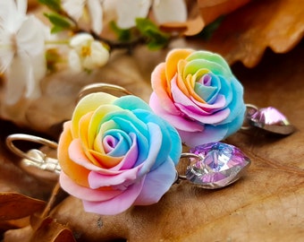 Rainbow rose earrings Swarovski elements, pastel colorful earrings, rainbow flowers, rainbow cluster earrings, rainbow polymer clay tie dye