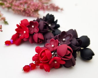 Pendientes de flores de araña, pendientes de flores ombre, pendientes colgantes, pendientes de araña colgantes, pendientes florales largos negro y rojo, borgoña