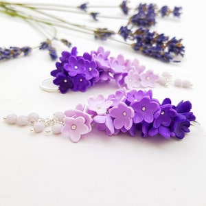 Kronleuchter Blumen Ohrringe, hängende lange Ohrring, Hochzeitsohrringe, Ombre Ohrringe, Flieder und Violette Farbe Ohrringe, Flieder Blumen Ohrringe Bild 5