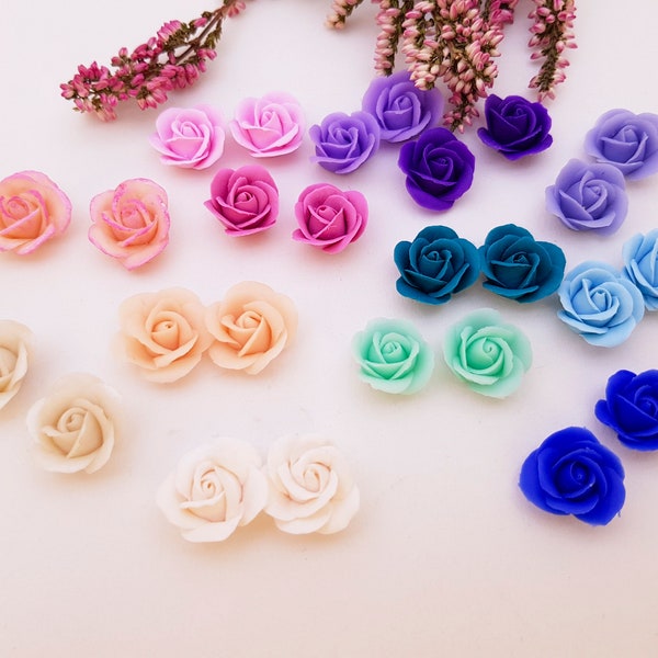 Many color rose earrings, Multicolor studs, Custom color rose stud, Clay earrings, Ear-studs with roses, Polymer clay earrings, rainbow stud