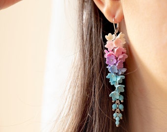 Chandelier Flower Earrings, Hanging Long Earring, Wedding Earrings, Ombre Pastel Earrings, Delicate Floral Earrings, Pastel Colors, Rainbow