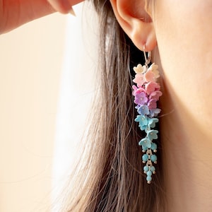 Chandelier Flower Earrings, Hanging Long Earring, Wedding Earrings, Ombre Pastel Earrings, Delicate Floral Earrings, Pastel Colors, Rainbow