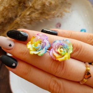 Rainbow Rose Stud Earrings, Post earrings Roses Vivid Colors, Rainbow Petal Edges, Colorful Clay Floral Earrings, Rainbow Flowers Bridesmaid
