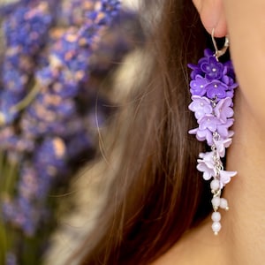 Chandelier Flower Earrings, Hanging Long Earring, Wedding Earrings, Ombre Earrings, Lilac and Violet Color Earrings, Lilac Floral Earrings