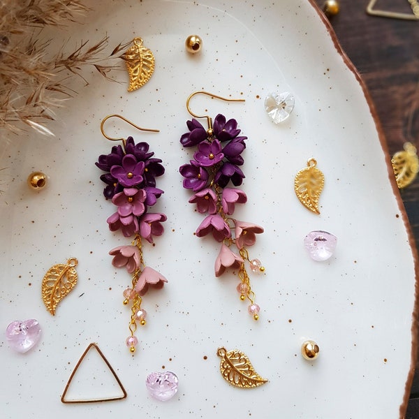 Limited Edition Earrings, Floral Themed Earrings, Long Chandelier Earring, Deep Violet Dainty Flowers Gradient Cherry and Antique Pink Ombre