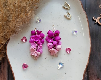 Kronleuchter-Blumen-Ohrringe, Blumen-Rosa-Ombre-Ohrringe, hängende Ohrringe, baumelnde Kronleuchter-Ohrringe, lange Blumenohrringe rosa und lila