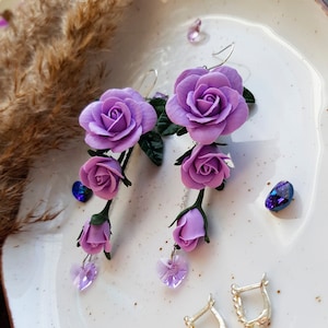 Dangle lilac rose earrings, hanging rose earrings, romantic rose earrings, long flower earrings, realistic rose earrings, purple rose branch