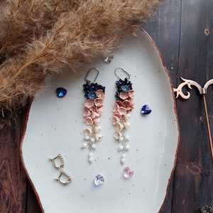 Delicate Cascade Blossom Earrings, Chandelier Long Ombré Bloom, Floral Design Navy Blue Mauve Off White, Garden Wedding Hanging Drop Earring
