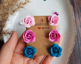 14 Farben Clip-On Rose Ohrringe für ungepiercte Ohren, Viele Farben, Kleine Garten Ohrringe, Realistische Blumen, Bunte Rosen, Polymer Clay