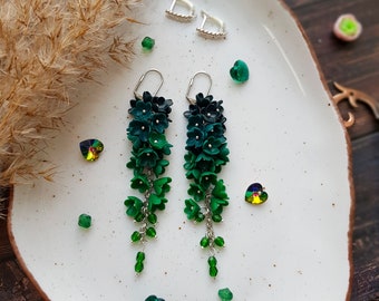 Chandelier Flower Earrings, Hanging Long Earrings, Dark Green Flowers, Ombre Bottle Green Earrings, Floral Earrings, Green Grass Earrings