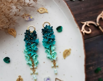 Chandelier Flower Earrings, Hanging Long Earring, Wedding Earrings, Ombre Earrings, Turquoise Ombre Earrings, Mint Floral Earrings