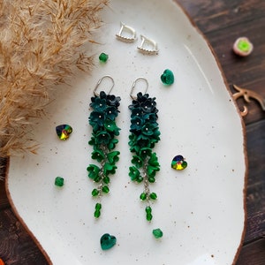 Chandelier Flower Earrings, Hanging Long Earrings, Dark Green Flowers, Ombre Bottle Green Earrings, Floral Earrings, Green Grass Earrings