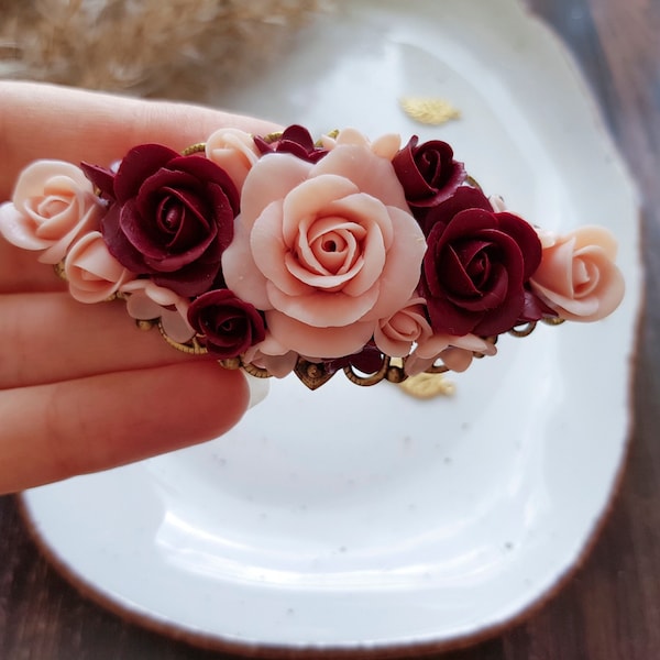 Hair Barrette in Burgundy and Powder Pink Roses, Hair Clip Dark Red, Botanic Hair Accessories, Garden Rose, Floral Bouquet, Handmade Flowers