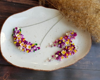 Colorful Lilac Flower Jewelry Set Earrings and Bar Necklace, Cascade Long Earrings, Handmade Polymer Clay, Crescent Shape Floral Strand