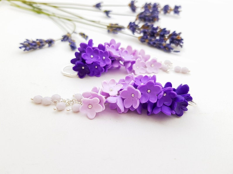 Kronleuchter Blumen Ohrringe, hängende lange Ohrring, Hochzeitsohrringe, Ombre Ohrringe, Flieder und Violette Farbe Ohrringe, Flieder Blumen Ohrringe Bild 5