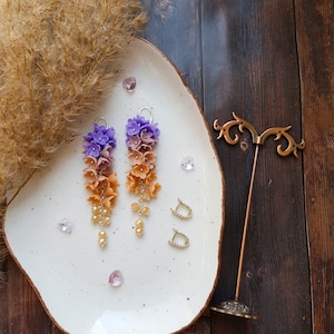 Chandelier Flower Earrings, Hanging Long Earring, Wedding Earrings, Ombre Earrings, Bride Floral Earrings, Pastel Colors Lilac and Sun Tan