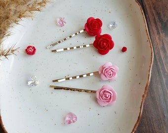 Red and Pastel Pink Roses Hair Clip, Wedding Hair Accessories, Cute Bobby Pin Small Rose Polymer Clay Cherry Red, Custom Color Petite Flower