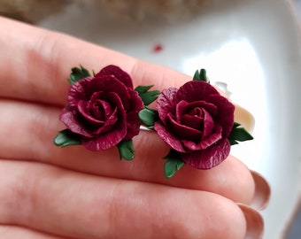 Burgundy Rose Earrings, Handmade Realistic Roses studs, Polymer Clay Dark Red Flowers, Leaf Stud Jewelry, Real Flower Small Earrings