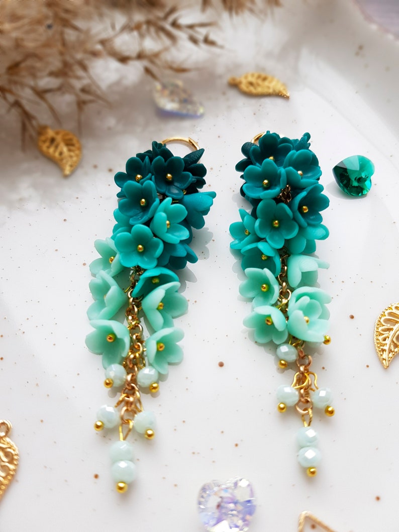 Pendientes de flores de araña, pendientes largos colgantes, pendientes de boda, pendientes ombre, pendientes ombre turquesa, pendientes florales de menta imagen 5