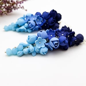Orecchini a fiori con lampadario, orecchini a fiori Ombre, orecchini pendenti, orecchini a lampadario pendente, orecchini floreali lunghi Orecchini blu navy blu immagine 8
