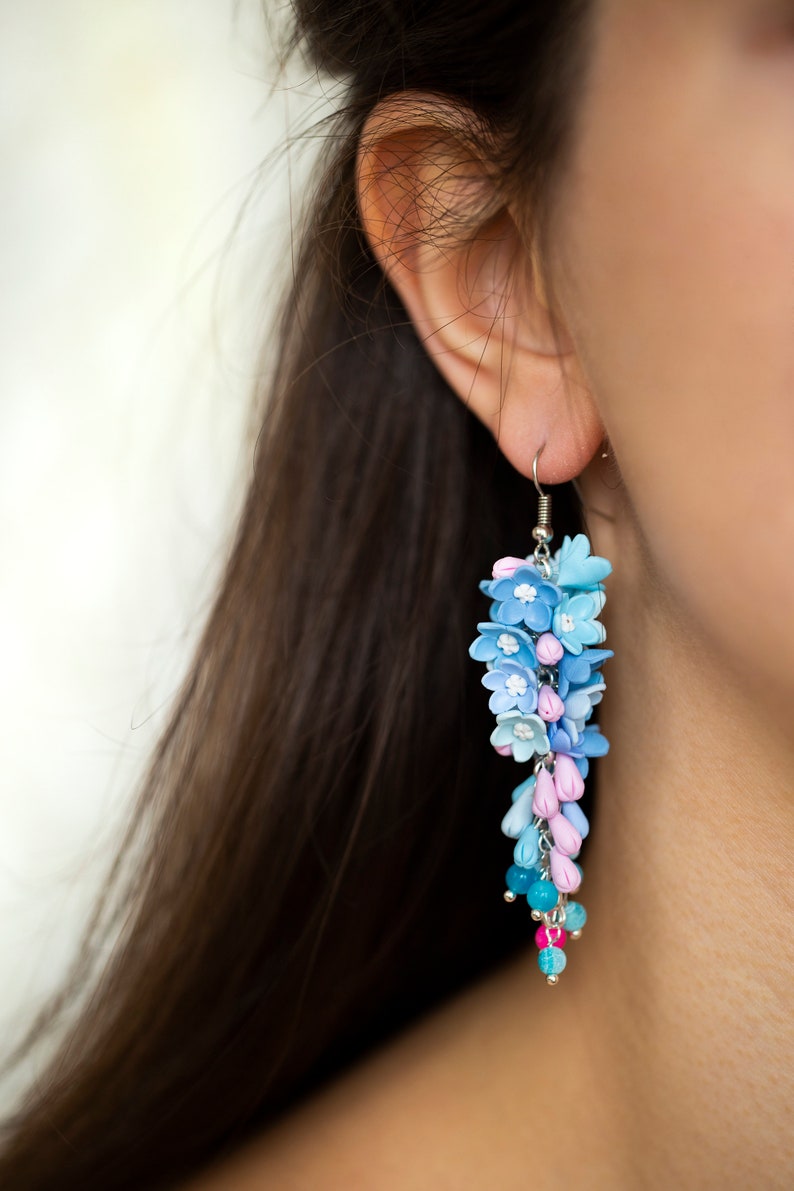 Long floral earrings Myosotis earrings Chandelier forget me not Earrings chandelier earrings myosotis hanging hanging long earrings