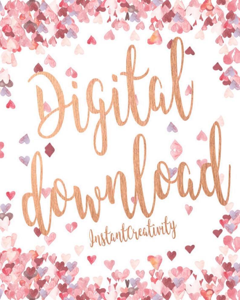 Puede incluir: Gr&aacute;fico de descarga digital con el texto "Descarga digital" en fuente dorada de estilo manuscrito sobre un fondo blanco con un borde de corazones de acuarela rosa y morado.