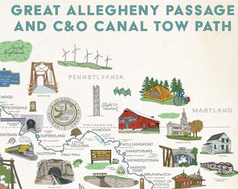 GAP and C&O Canal Trail Map Art Print, Pittsburgh to DC