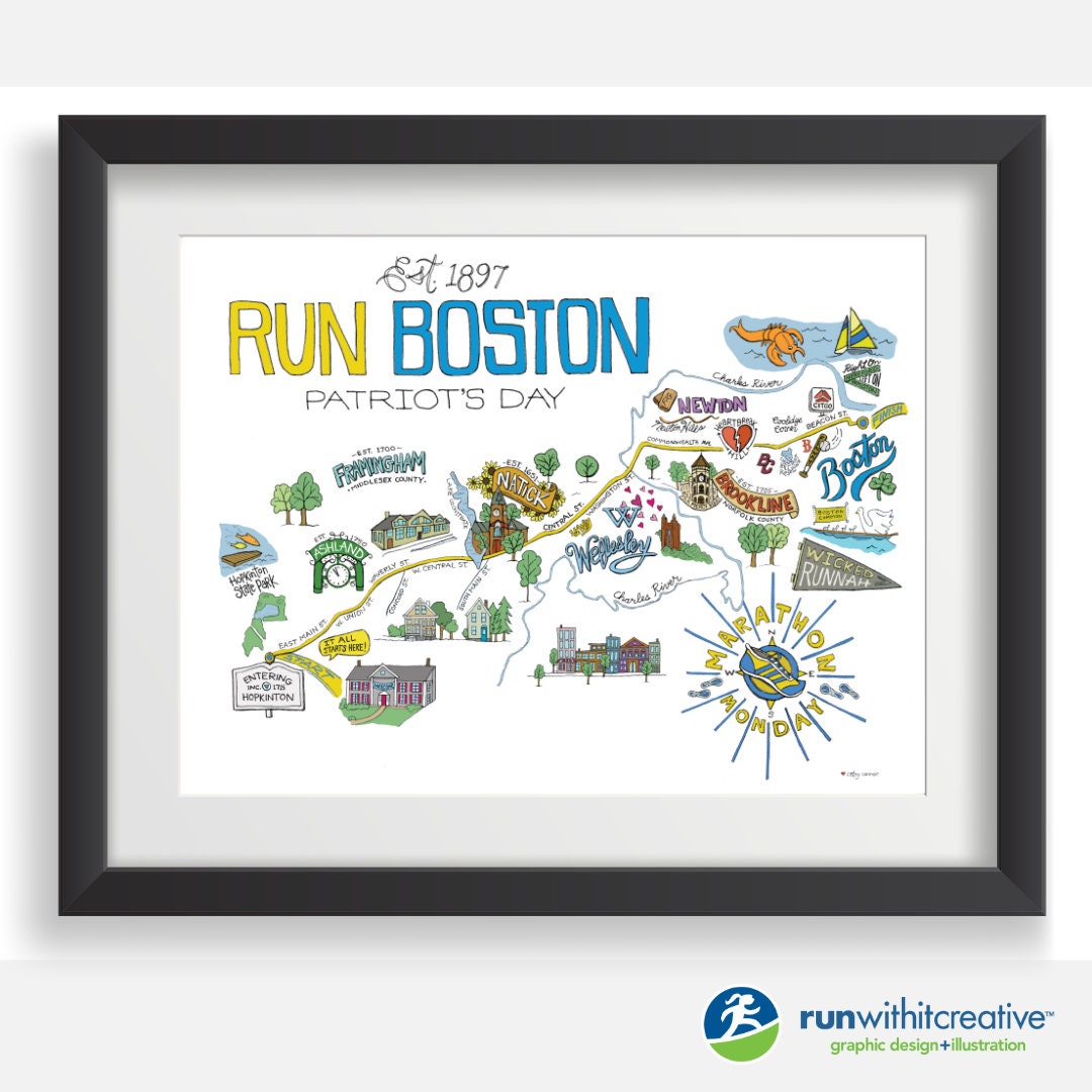 Boston Marathon Route Map, Run Boston Poster, Boston Map, Beantown Map