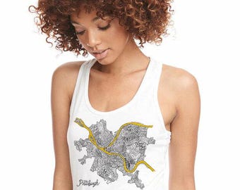 Pittsburgh Women's Racer Back Tank Top, City of Bridges Top, Pittsburgh Ladies Shirt, 412 T-Shirt, Steel City Shirt, Black & Gold T-Shirt
