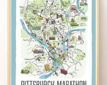 Pittsburgh Marathon Art Print: Route, Landmarks, Mile Markers