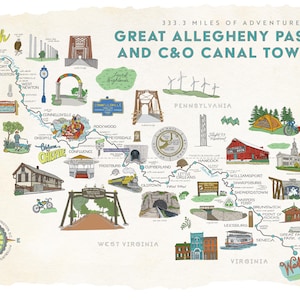 May include: A hand-drawn map of the Great Allegheny Passage and C&O Canal Tow Path, a 333.3-mile trail that runs from Pittsburgh, Pennsylvania to Washington, D.C. The map shows the trail's route, with various landmarks and points of interest along the way.