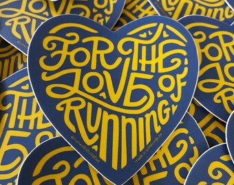Heart Running Sticker, Blue Yellow Hand Lettered Vinyl Decal, Marathon Runner Gift