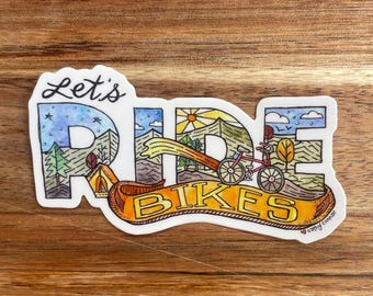 Let's Ride Bikes Sticker, Watercolor Bicycle Decal, Whimsical Bike Lover Gift, Waterproof Vinyl Laptop Sticker, Outdoor and Cycling Art