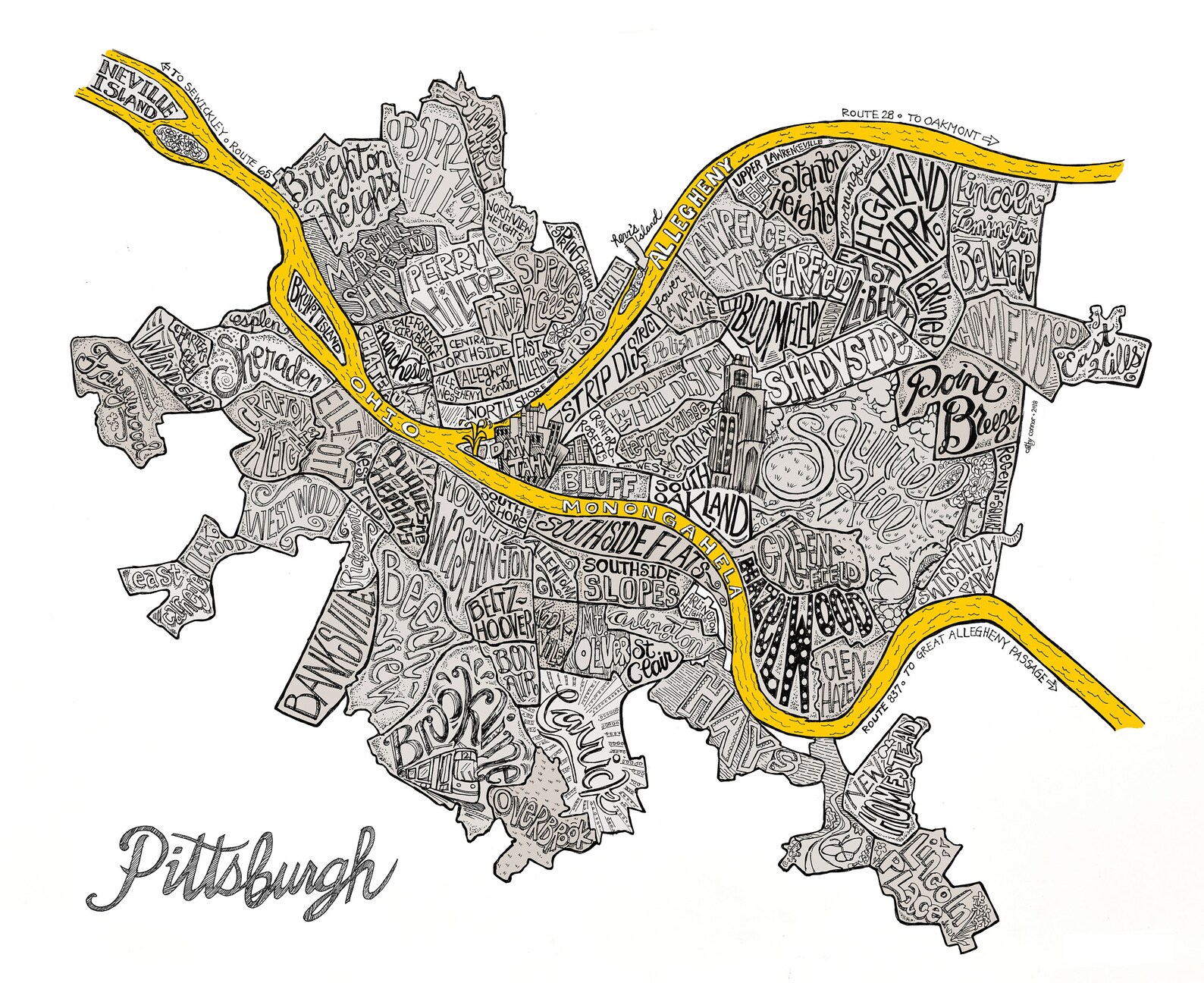 Pittsburgh Neighborhoods 3 Gold Rivers Pittsburgh Wall Art Etsy