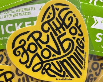 Black and Yellow Running Heart Sticker | Hand Lettered Vinyl Decal, Runner Gift