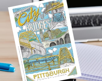 Pittsburgh Bridges Postcard, Pen & Ink Illustration