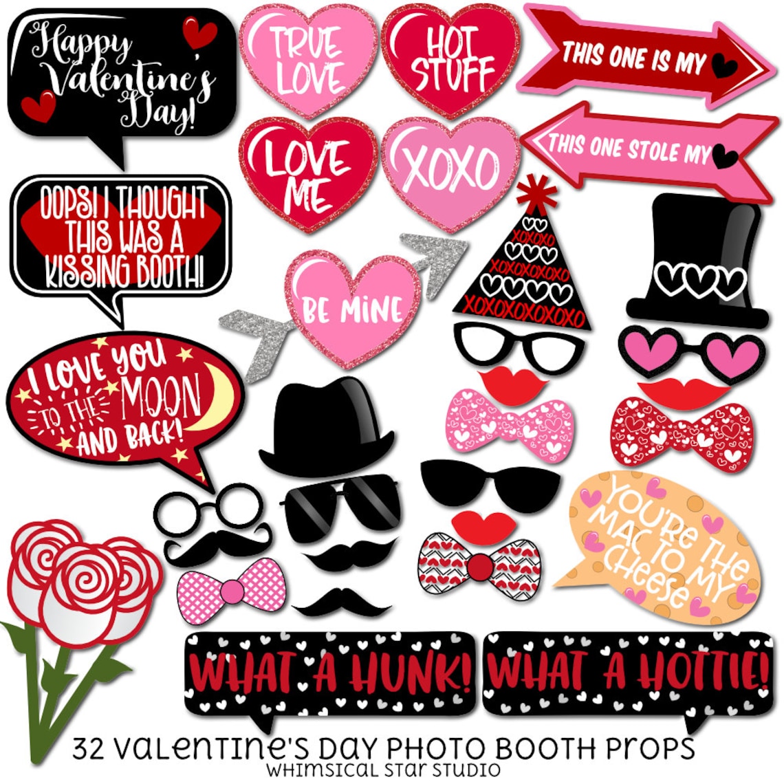 Valentine's Day Photo Booth Props 32 Printable Props | Etsy