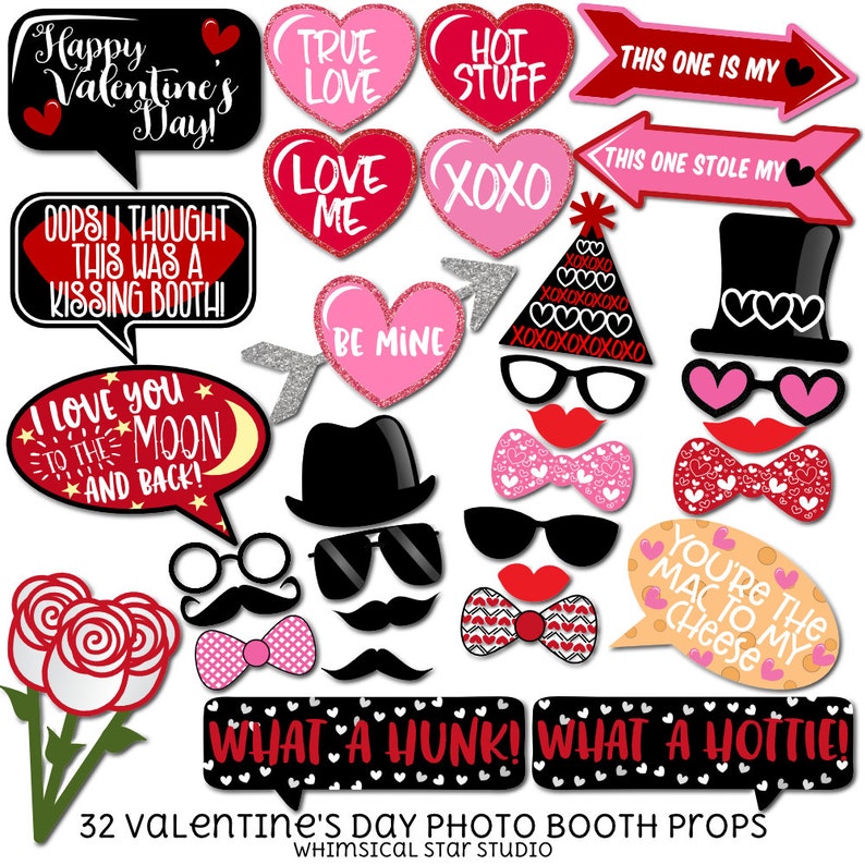Valentine's Day Photo Booth Props 32 Printable Props | Etsy