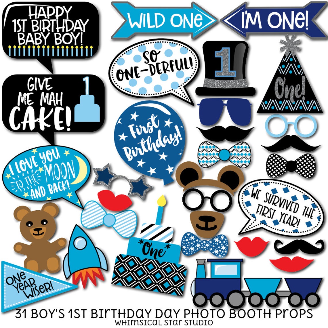 Boy's 1st Birthday Photo Booth Props 31 Printable Props | Etsy