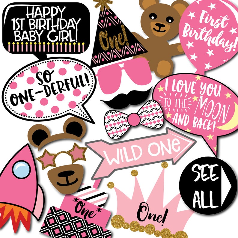 Girl's 1st Birthday Photo Booth Props 31 Printable Etsy