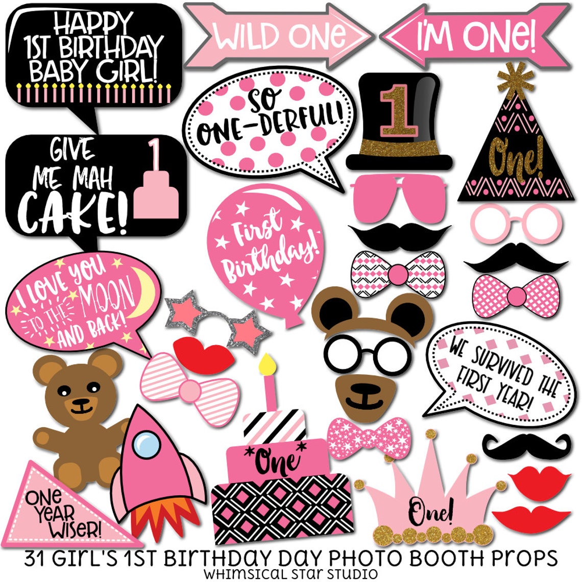 Girl's 1st Birthday Photo Booth Props 31 Printable Etsy